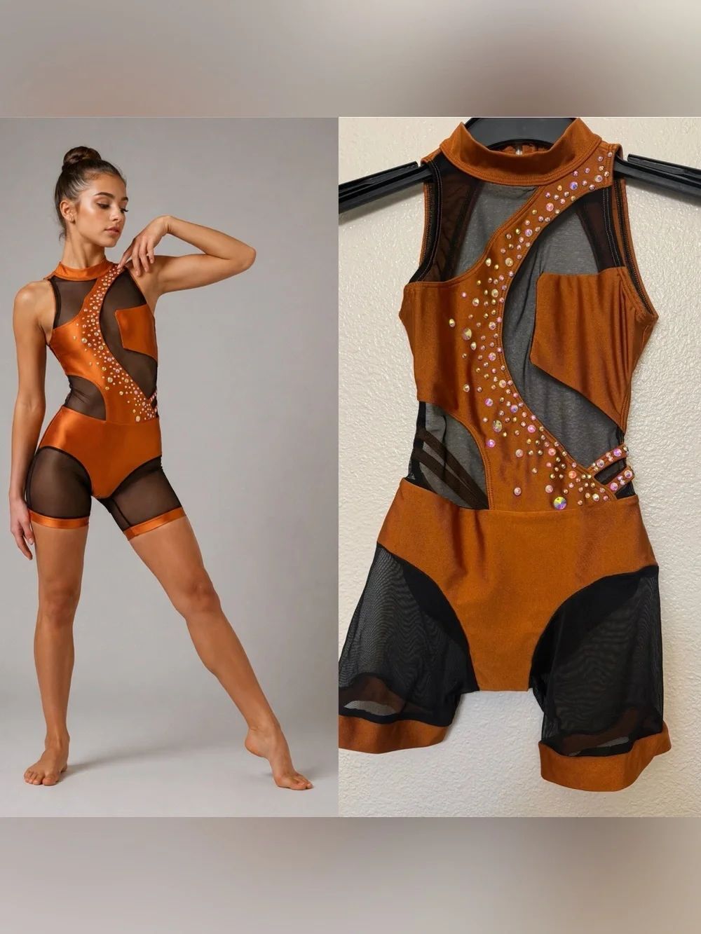 AA dance design costume ICON UNISHORTS orange mesh cutout MC-Medium child